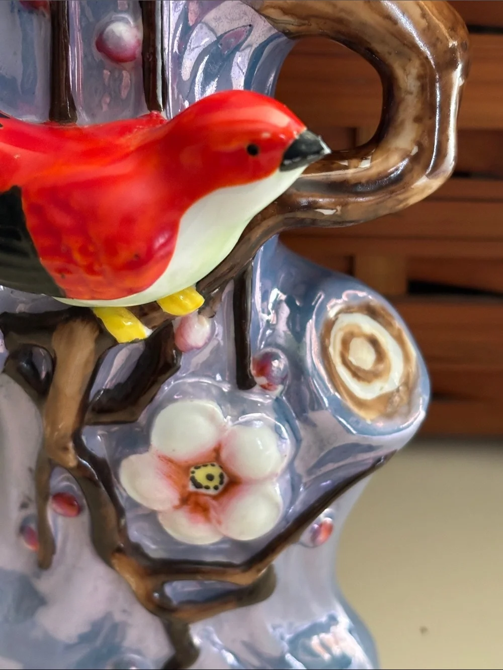 Vintage Japanese Lusterware Bird Wall Pocket Vase Red Bird Cherry Blossom/Branch